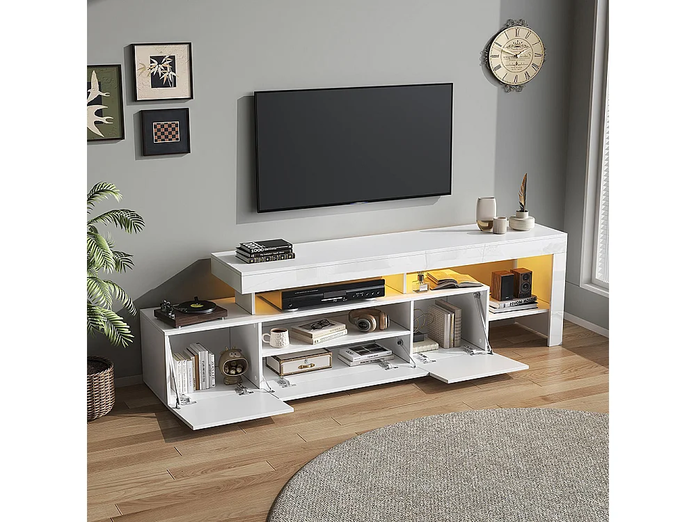 Meuble TV bas brillant 3 armoires LED blanc pour les téléviseurs jusqu'à 85 pouces