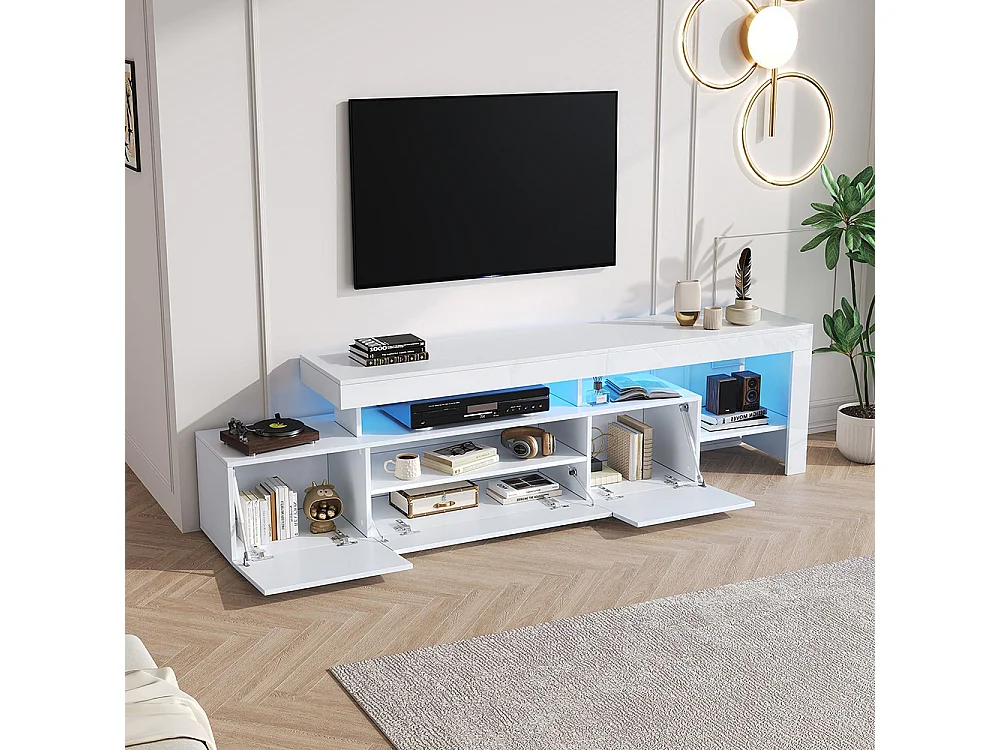 Meuble TV bas brillant 3 armoires LED blanc pour les téléviseurs jusqu'à 85 pouces