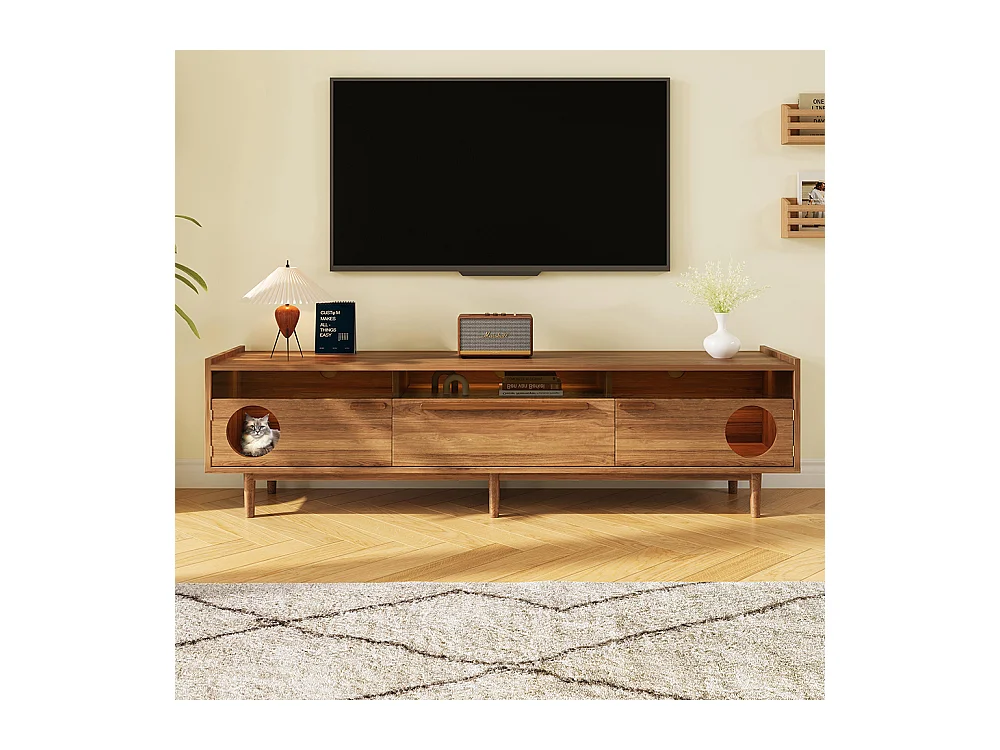 Meuble TV éclairage LED espace repos chat portes verre acier 1 tiroir noyer