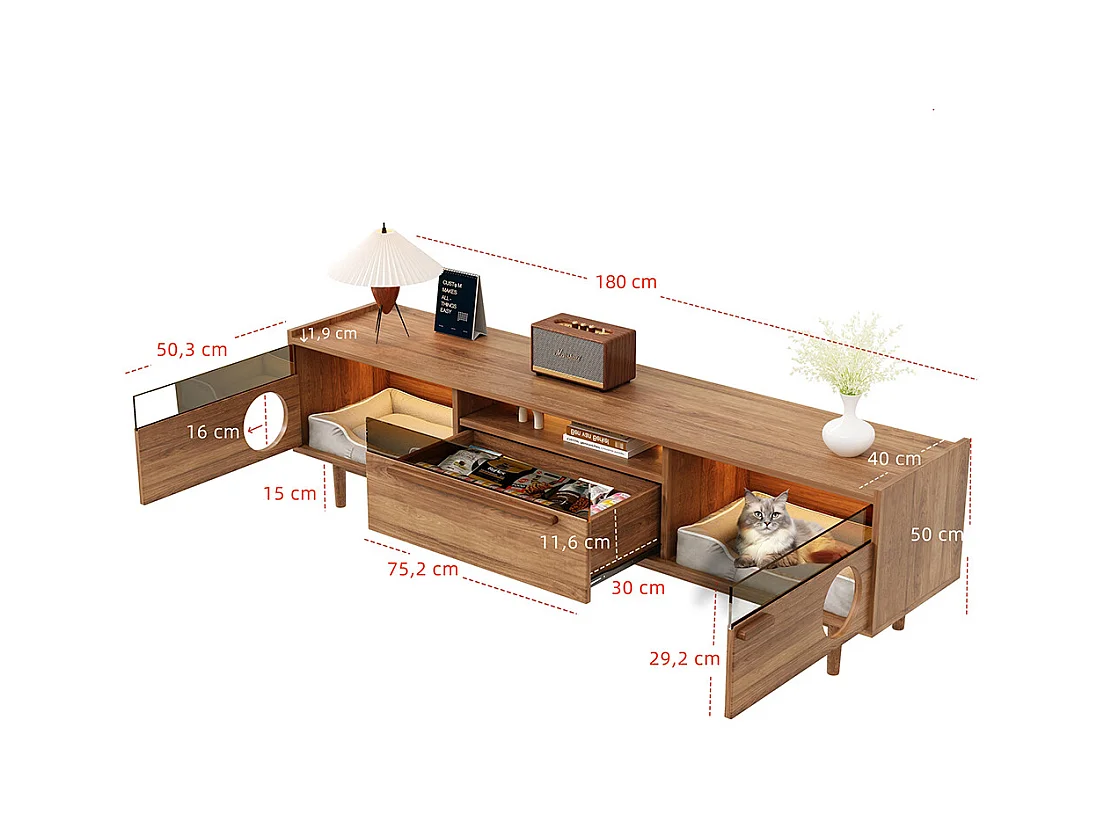 Meuble TV éclairage LED espace repos chat portes verre acier 1 tiroir noyer