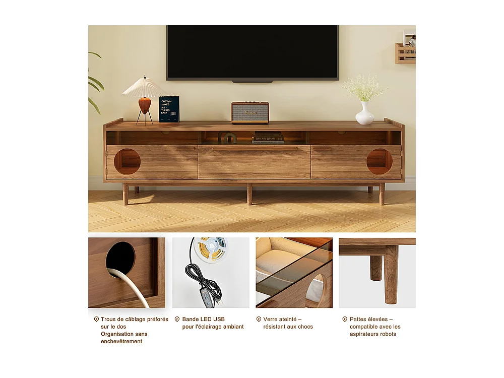 Meuble TV éclairage LED espace repos chat portes verre acier 1 tiroir noyer