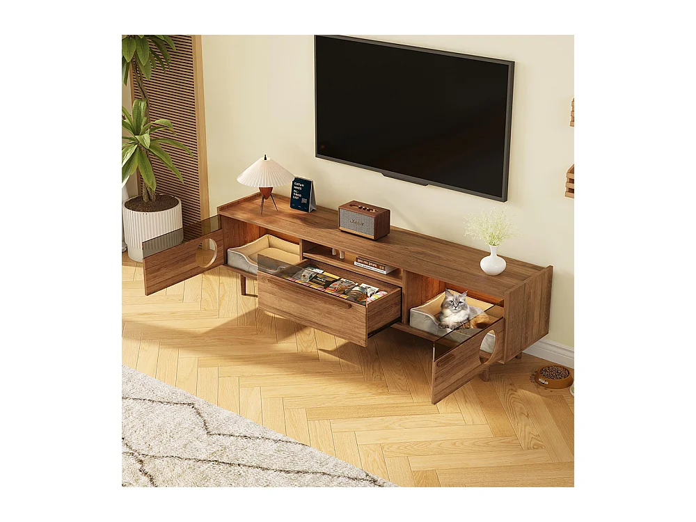 Meuble TV éclairage LED espace repos chat portes verre acier 1 tiroir noyer