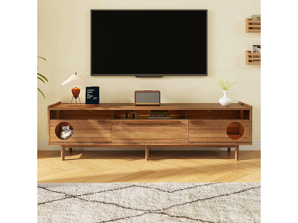 Meuble TV éclairage LED espace repos chat portes verre acier 1 tiroir noyer