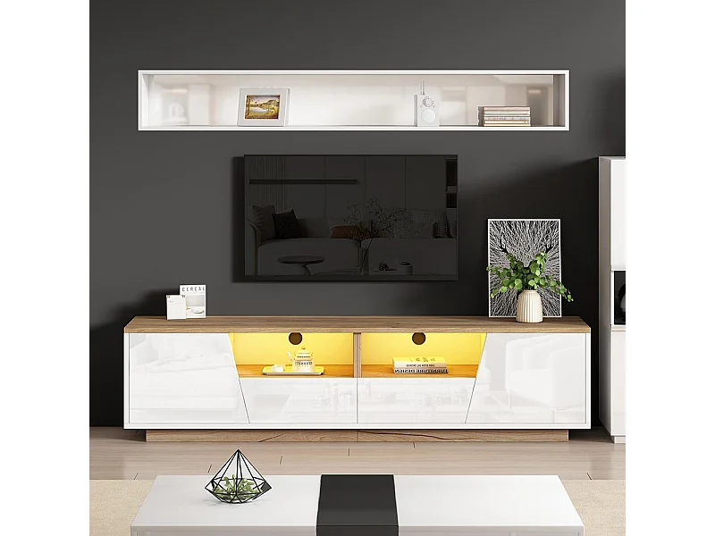 Meuble TV bas brillant 2 tiroirs 2 armoires LED TV 75 pouces blanc+couleur bois