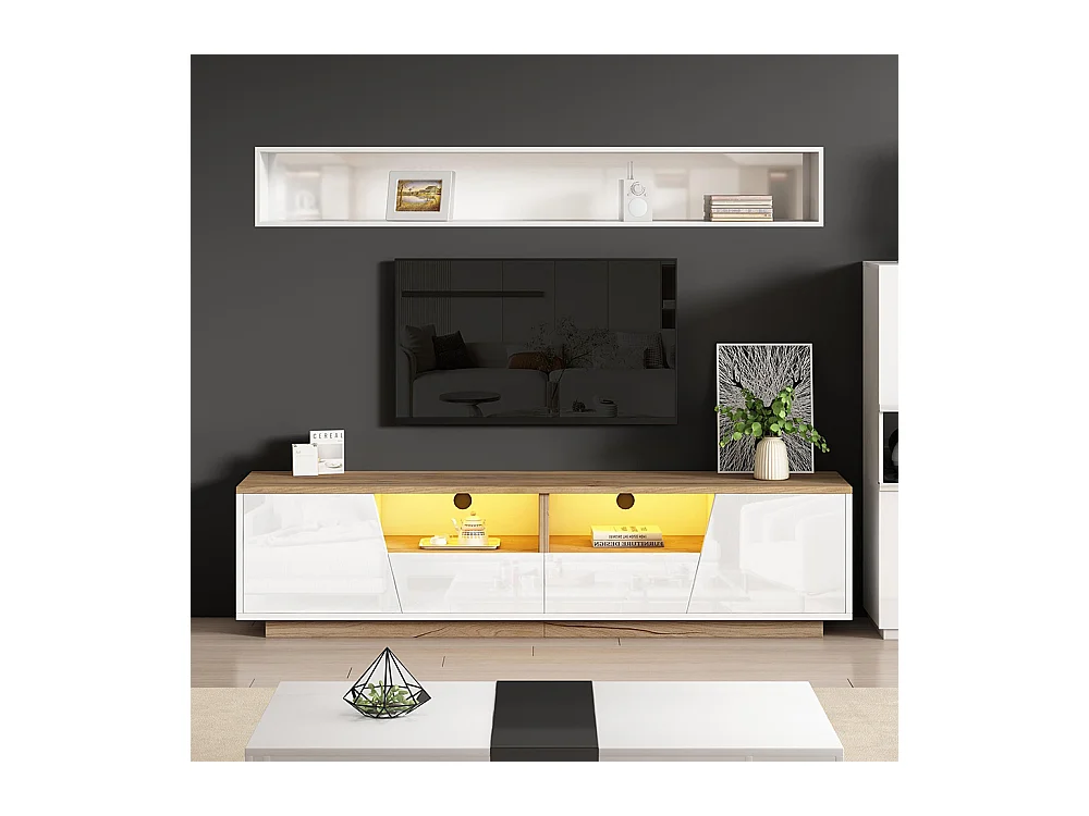 Meuble TV bas brillant 2 tiroirs 2 armoires LED TV 75 pouces blanc+couleur bois