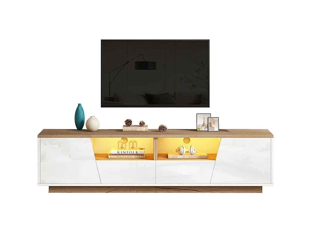 Meuble TV bas brillant 2 tiroirs 2 armoires LED TV 75 pouces blanc+couleur bois