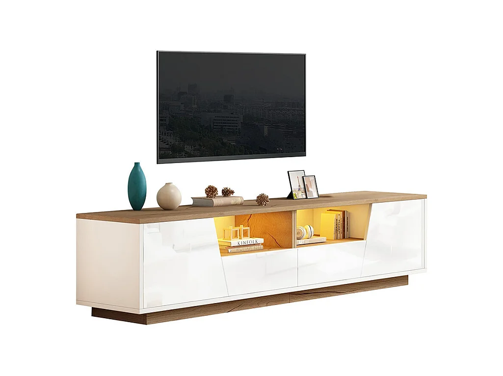 Meuble TV bas brillant 2 tiroirs 2 armoires LED TV 75 pouces blanc+couleur bois