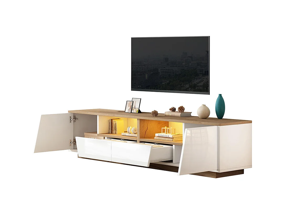 Meuble TV bas brillant 2 tiroirs 2 armoires LED TV 75 pouces blanc+couleur bois