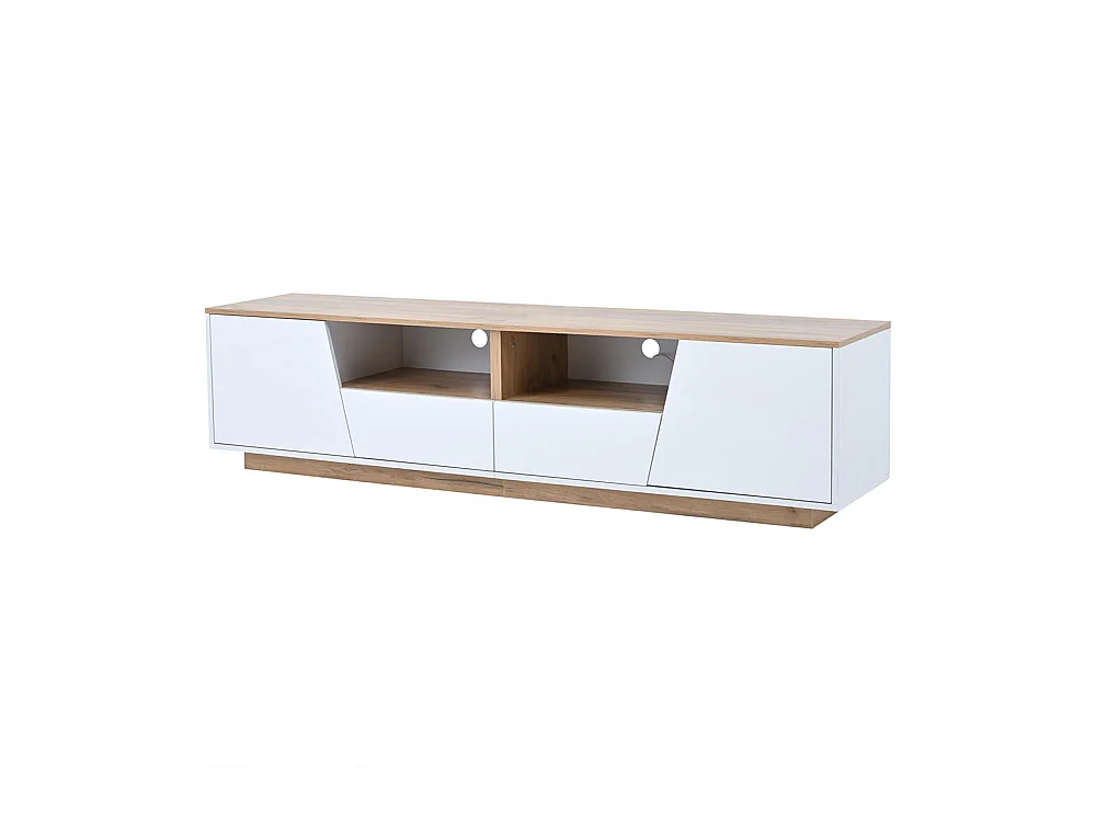 Meuble TV bas brillant 2 tiroirs 2 armoires LED TV 75 pouces blanc+couleur bois