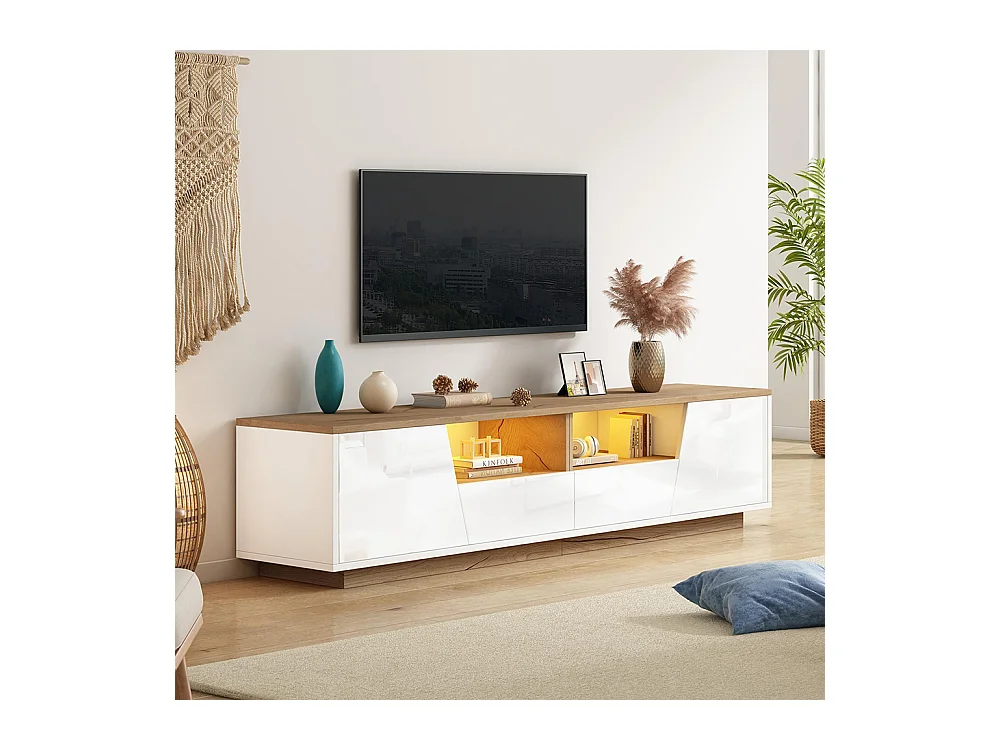 Meuble TV bas brillant 2 tiroirs 2 armoires LED TV 75 pouces blanc+couleur bois