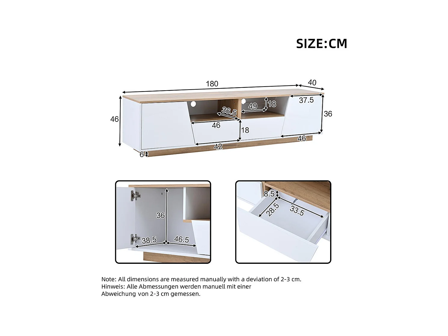 Meuble TV bas brillant 2 tiroirs 2 armoires LED TV 75 pouces blanc+couleur bois