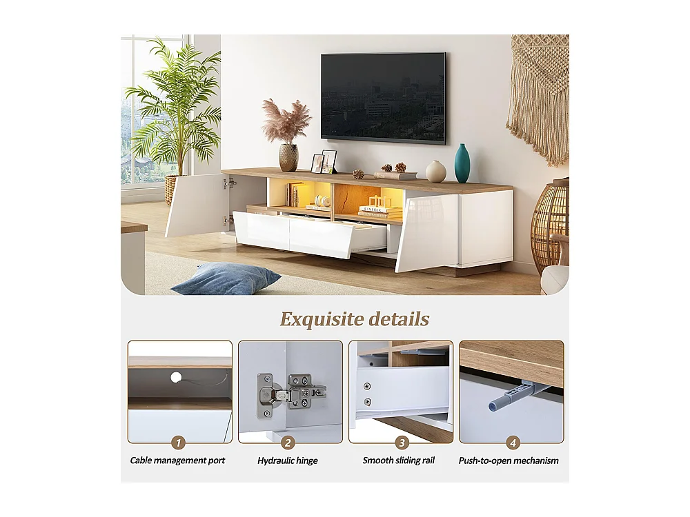 Meuble TV bas brillant 2 tiroirs 2 armoires LED TV 75 pouces blanc+couleur bois