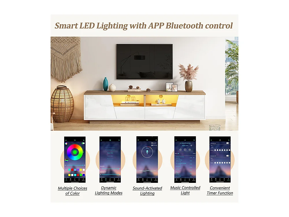 Meuble TV bas brillant 2 tiroirs 2 armoires LED TV 75 pouces blanc+couleur bois