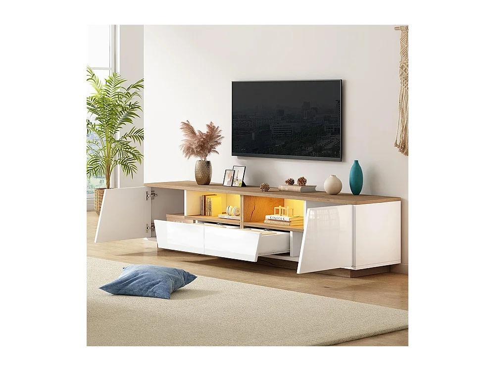 Meuble TV bas brillant 2 tiroirs 2 armoires LED TV 75 pouces blanc+couleur bois