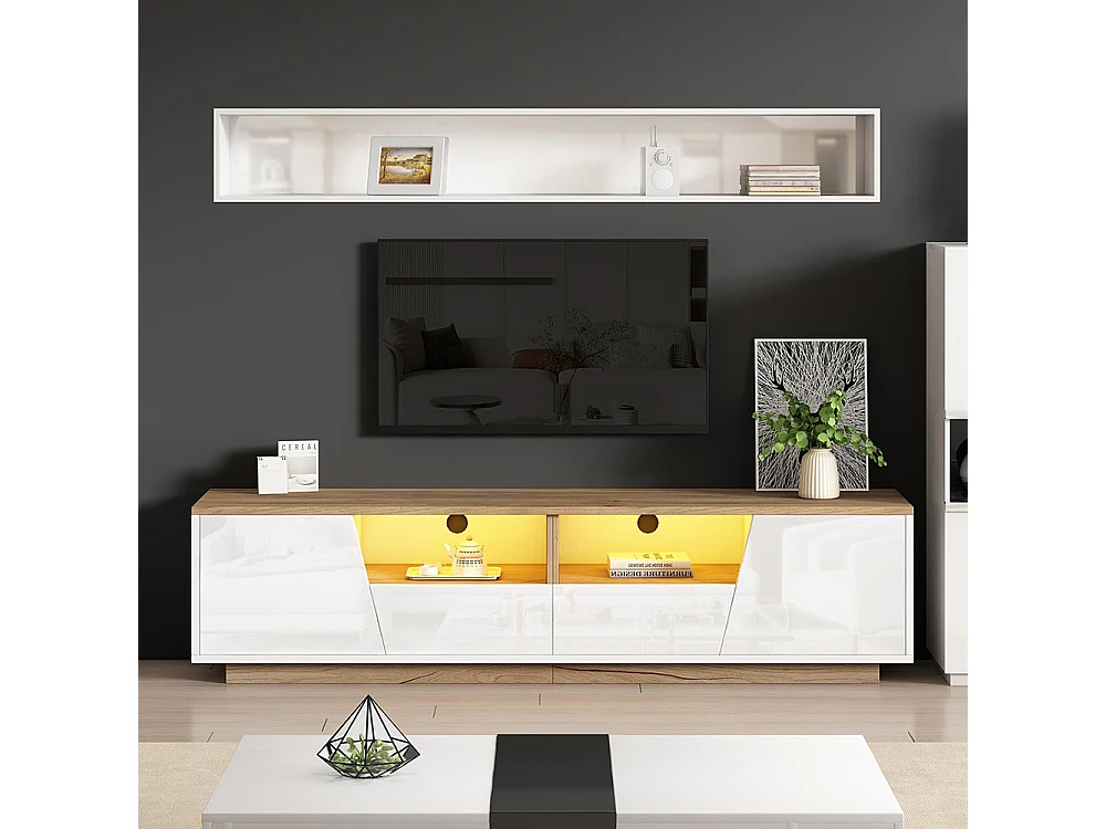 Meuble TV bas brillant 2 tiroirs 2 armoires LED TV 75 pouces blanc+couleur bois