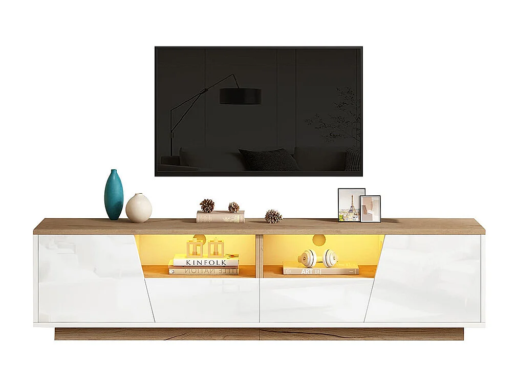 Meuble TV bas brillant 2 tiroirs 2 armoires LED TV 75 pouces blanc+couleur bois