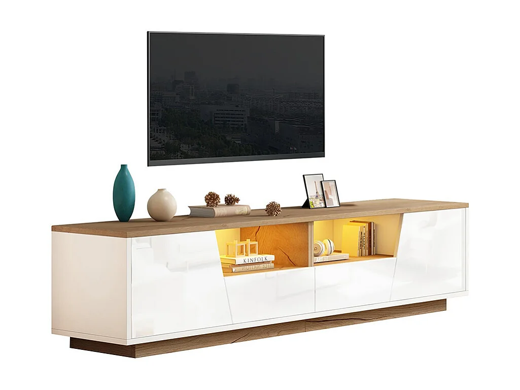 Meuble TV bas brillant 2 tiroirs 2 armoires LED TV 75 pouces blanc+couleur bois