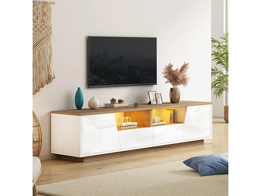 Meuble TV bas brillant 2 tiroirs 2 armoires LED TV 75 pouces blanc+couleur bois