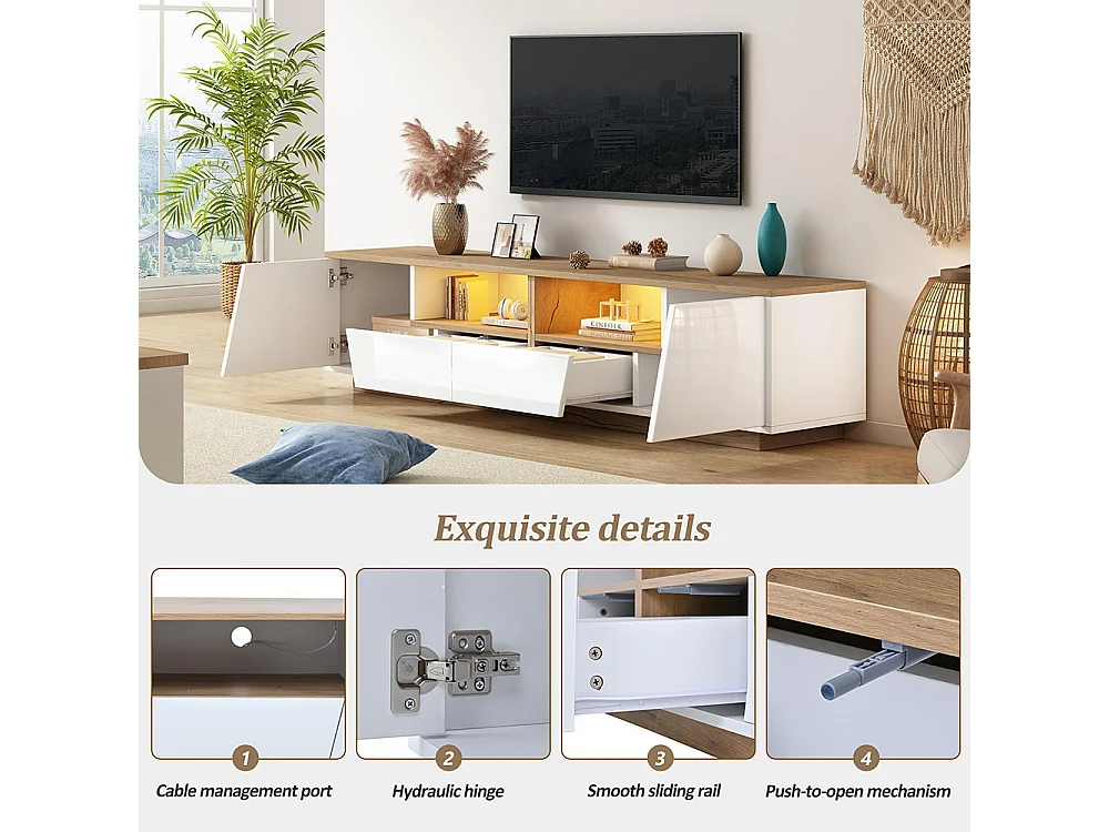 Meuble TV bas brillant 2 tiroirs 2 armoires LED TV 75 pouces blanc+couleur bois