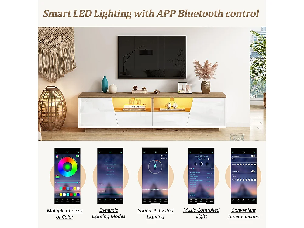 Meuble TV bas brillant 2 tiroirs 2 armoires LED TV 75 pouces blanc+couleur bois