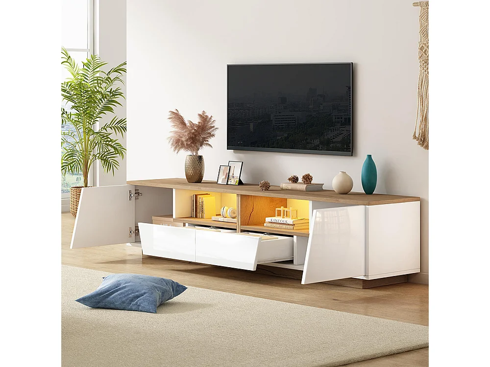 Meuble TV bas brillant 2 tiroirs 2 armoires LED TV 75 pouces blanc+couleur bois