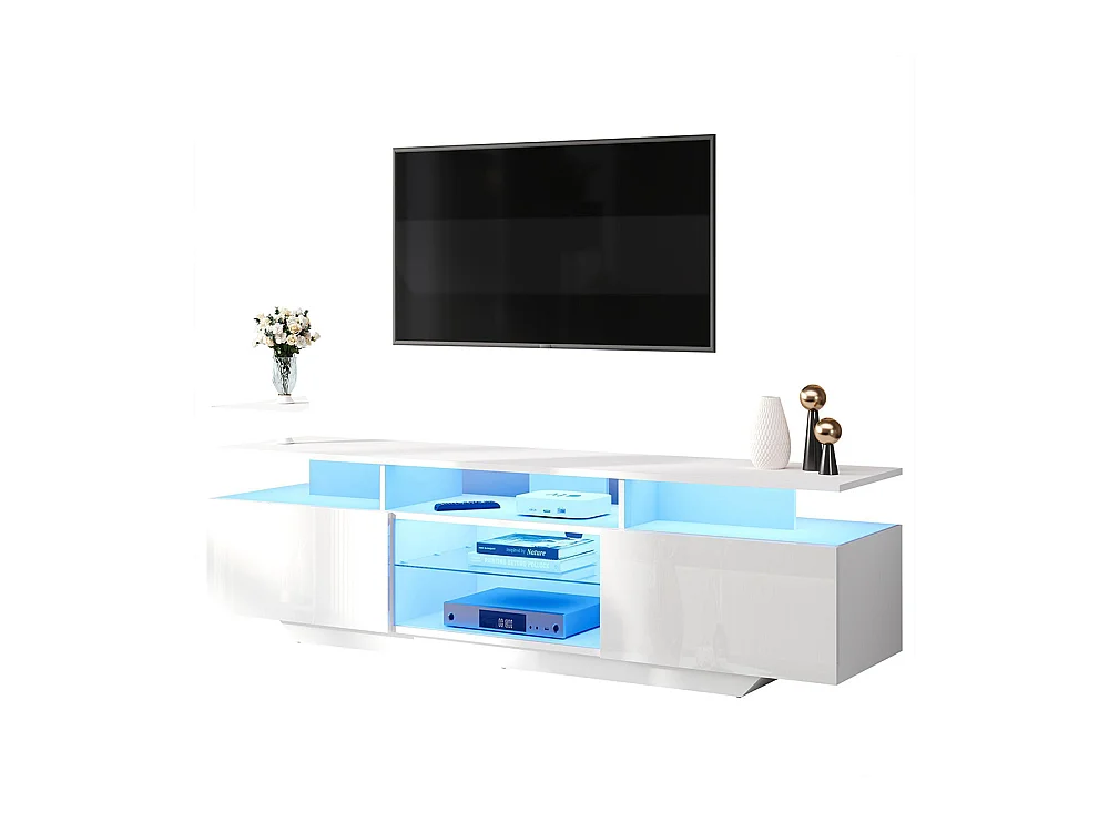 Meuble TV 2 armoires LED bande lumineuse brillant 8 étagères MDF TV 70 pouces moderne