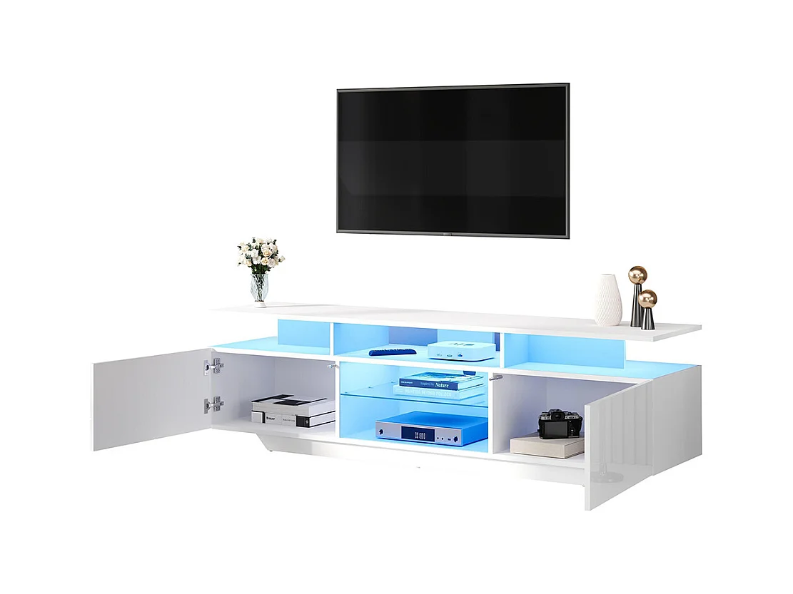 Meuble TV 2 armoires LED bande lumineuse brillant 8 étagères MDF TV 70 pouces moderne