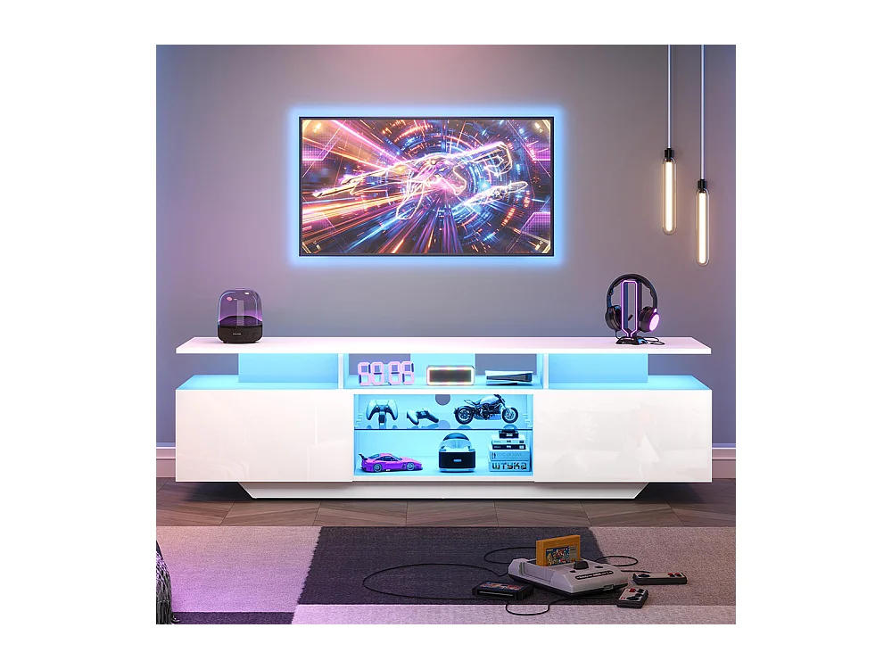 Meuble TV 2 armoires LED bande lumineuse brillant 8 étagères MDF TV 70 pouces moderne
