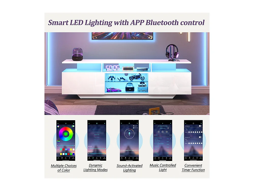 Meuble TV 2 armoires LED bande lumineuse brillant 8 étagères MDF TV 70 pouces moderne