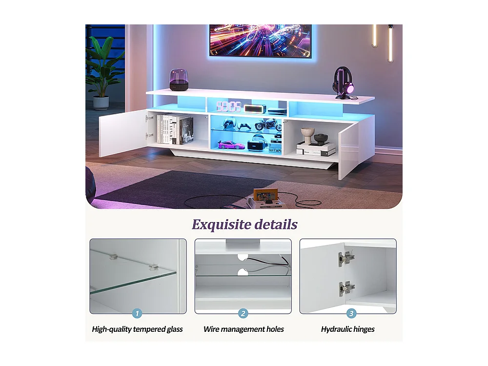 Meuble TV 2 armoires LED bande lumineuse brillant 8 étagères MDF TV 70 pouces moderne