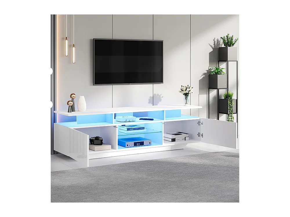 Meuble TV 2 armoires LED bande lumineuse brillant 8 étagères MDF TV 70 pouces moderne