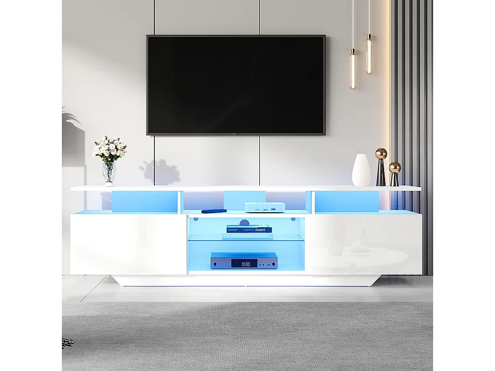 Meuble TV 2 armoires LED bande lumineuse brillant 8 étagères MDF TV 70 pouces moderne