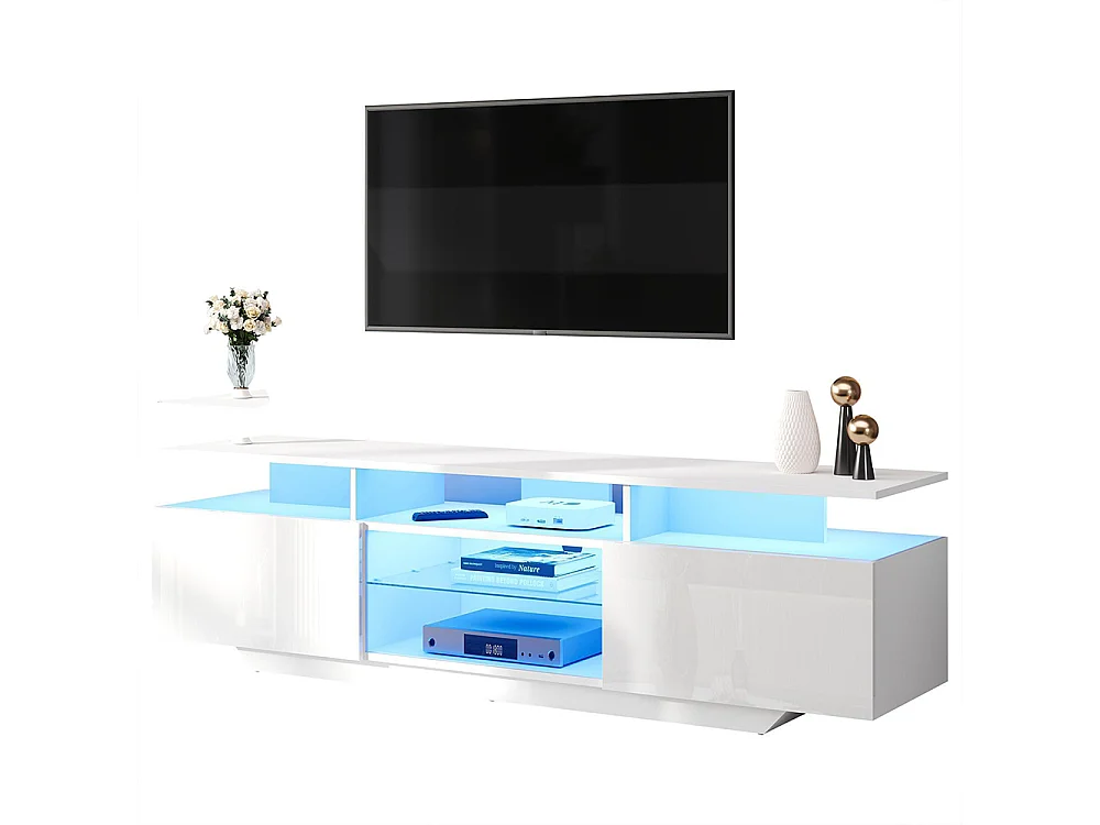 Meuble TV 2 armoires LED bande lumineuse brillant 8 étagères MDF TV 70 pouces moderne