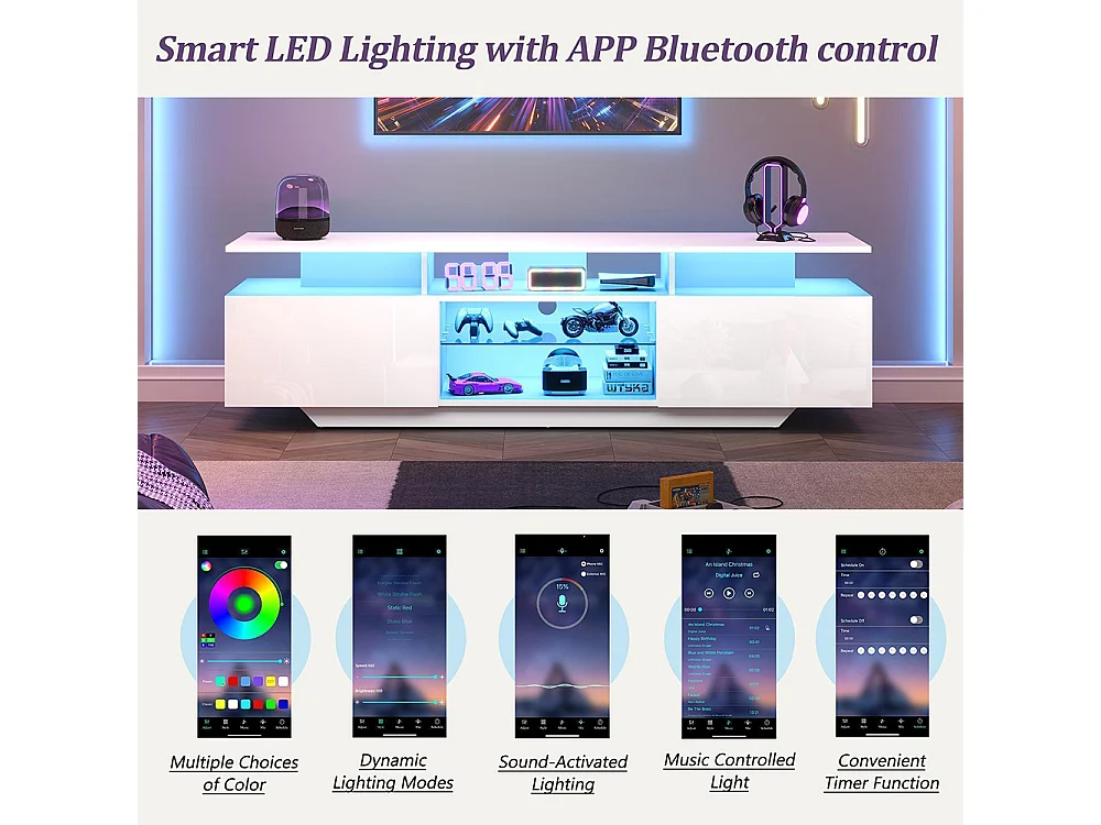 Meuble TV 2 armoires LED bande lumineuse brillant 8 étagères MDF TV 70 pouces moderne