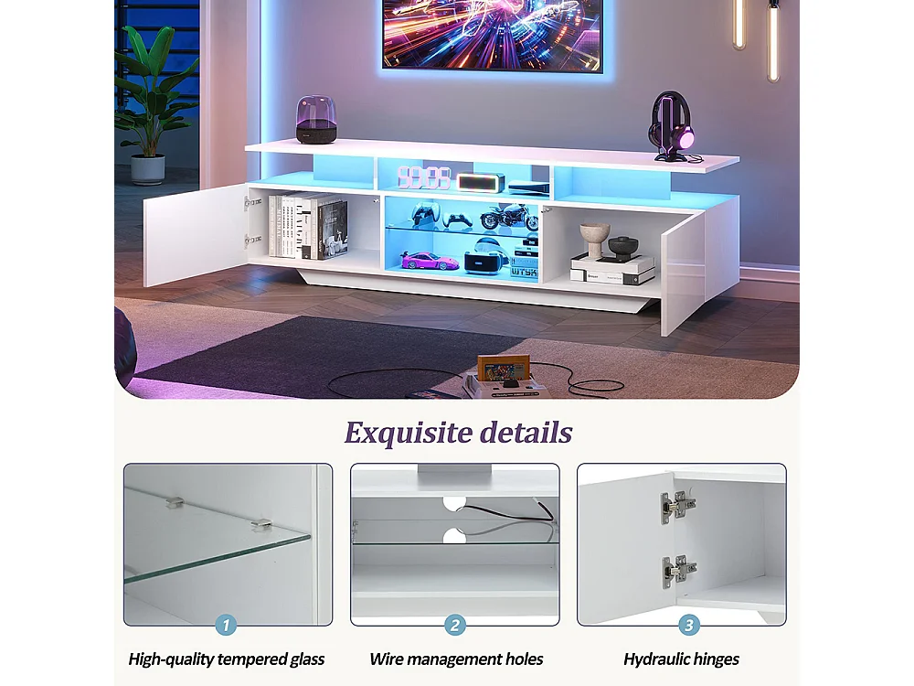 Meuble TV 2 armoires LED bande lumineuse brillant 8 étagères MDF TV 70 pouces moderne