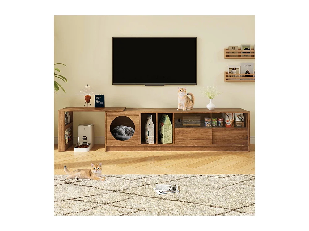Meuble TV pivotant polyvalent extensible animaux portes verre acier espace repos chat noyer 180(+80)x40x50 cm