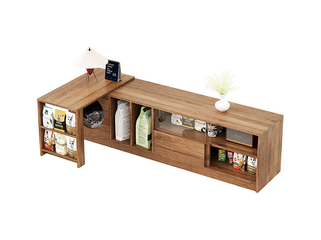 Meuble TV pivotant polyvalent extensible animaux portes verre acier espace repos chat noyer 180(+80)x40x50 cm