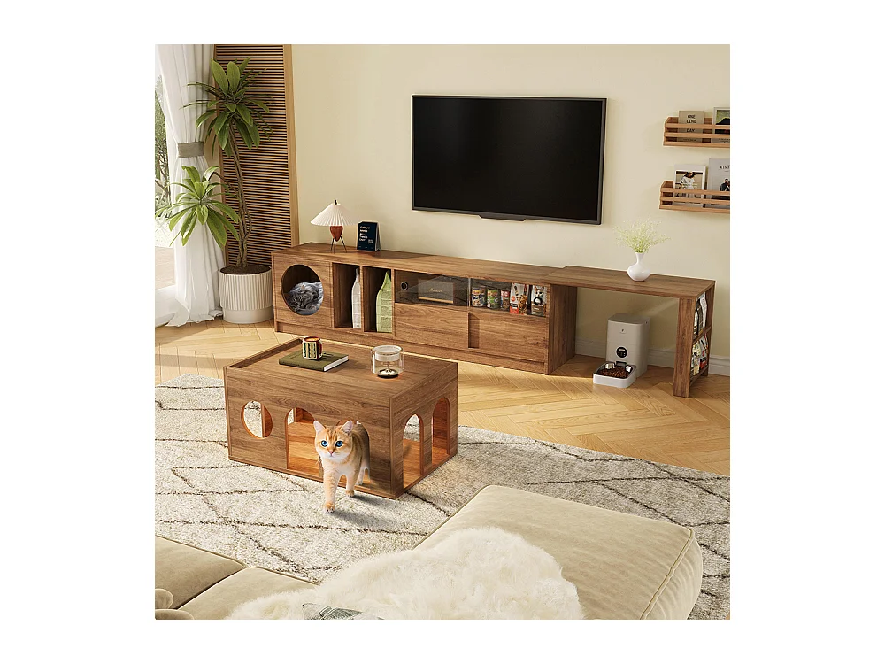 Meuble TV pivotant polyvalent extensible animaux portes verre acier espace repos chat noyer 180(+80)x40x50 cm