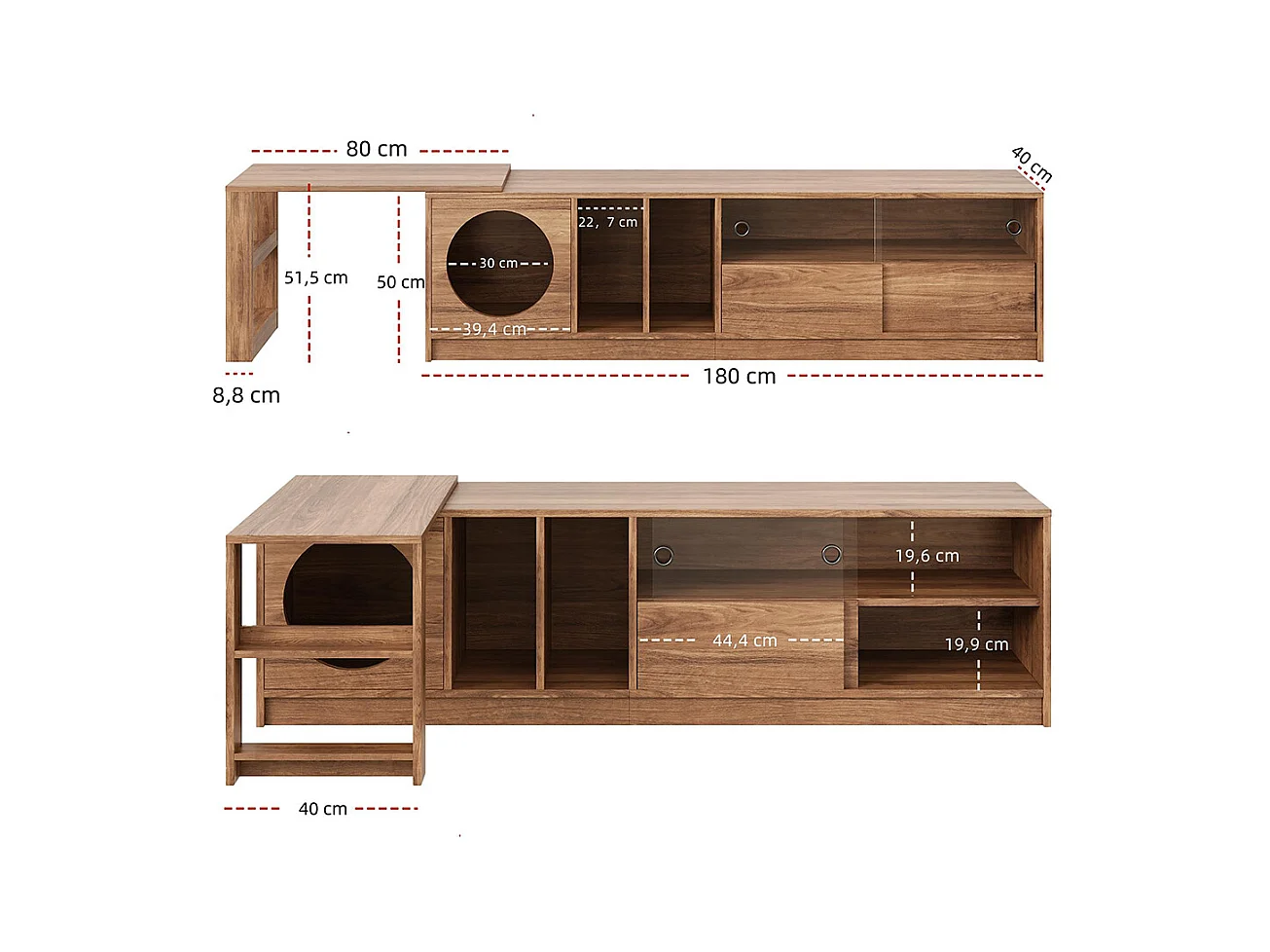 Meuble TV pivotant polyvalent extensible animaux portes verre acier espace repos chat noyer 180(+80)x40x50 cm