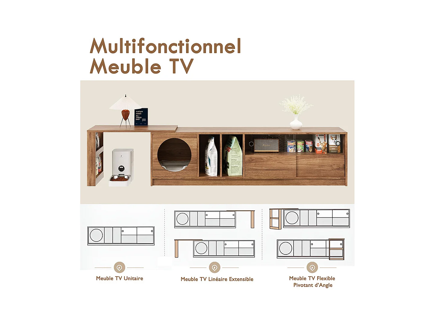Meuble TV pivotant polyvalent extensible animaux portes verre acier espace repos chat noyer 180(+80)x40x50 cm