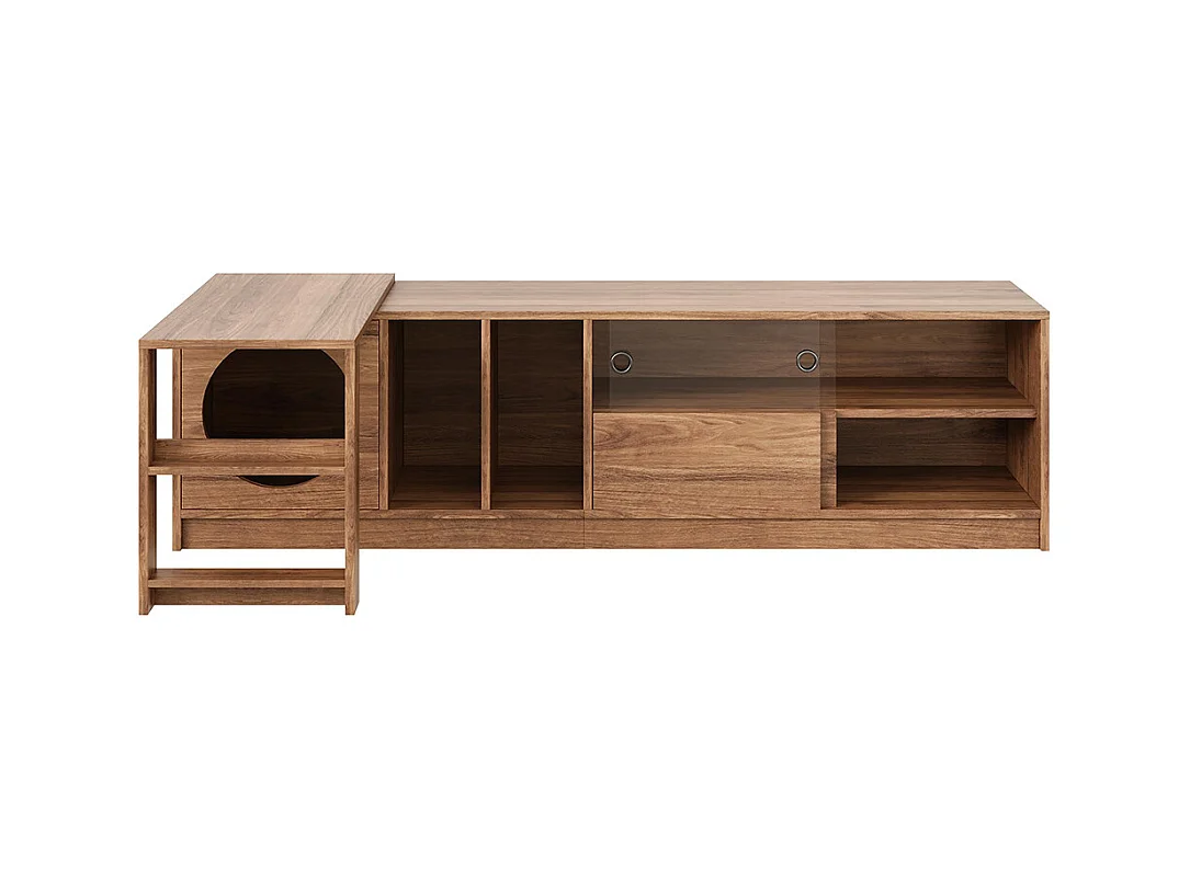 Meuble TV pivotant polyvalent extensible animaux portes verre acier espace repos chat noyer 180(+80)x40x50 cm