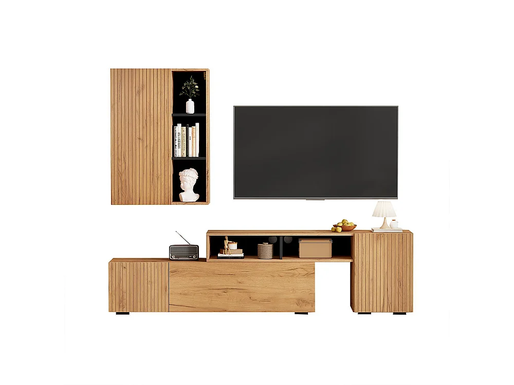 Ensemble mural TV vitrine 2 pièces meuble multimédia TV étagère longueur 265 cm pose suspendu bois noir