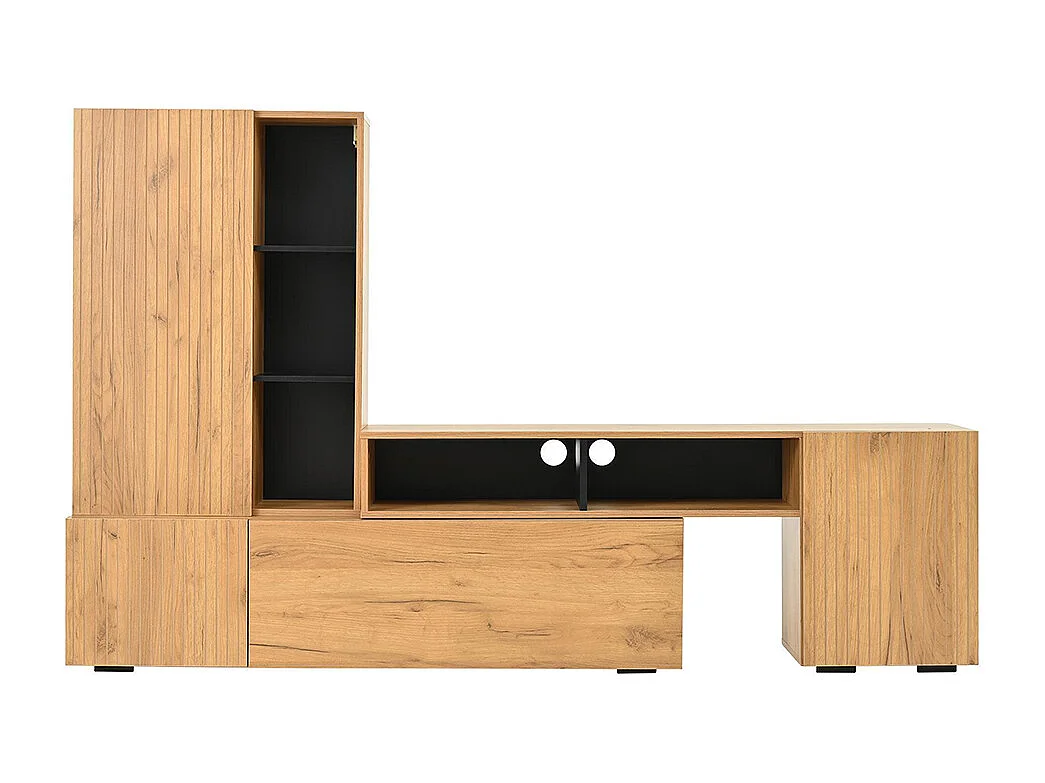 Ensemble mural TV vitrine 2 pièces meuble multimédia TV étagère longueur 265 cm pose suspendu bois noir