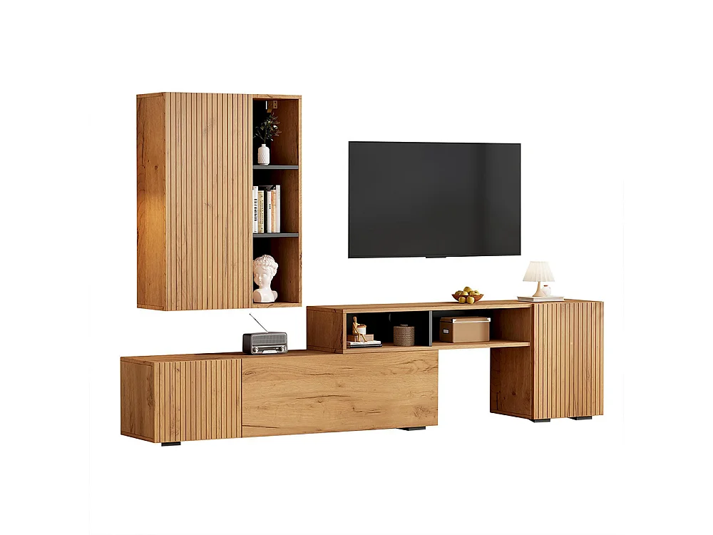 Ensemble mural TV vitrine 2 pièces meuble multimédia TV étagère longueur 265 cm pose suspendu bois noir