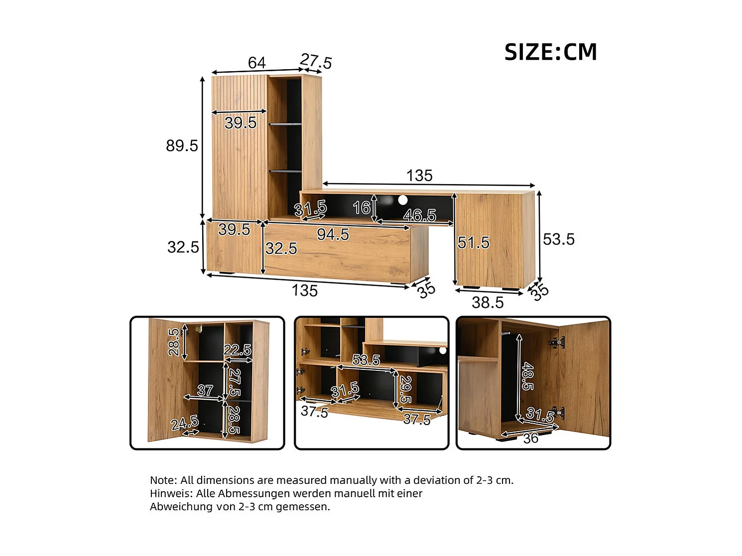Ensemble mural TV vitrine 2 pièces meuble multimédia TV étagère longueur 265 cm pose suspendu bois noir