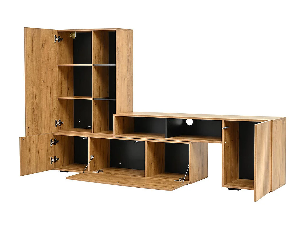 Ensemble mural TV vitrine 2 pièces meuble multimédia TV étagère longueur 265 cm pose suspendu bois noir