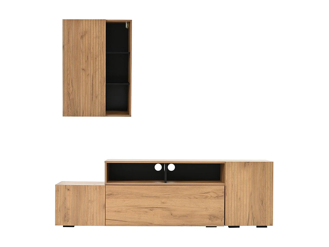 Ensemble mural TV vitrine 2 pièces meuble multimédia TV étagère longueur 265 cm pose suspendu bois noir