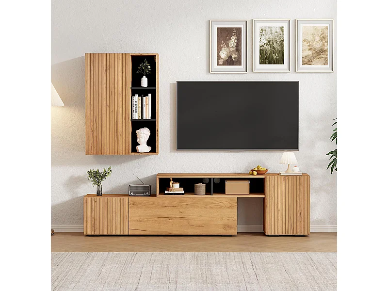 Ensemble mural TV vitrine 2 pièces meuble multimédia TV étagère longueur 265 cm pose suspendu bois noir
