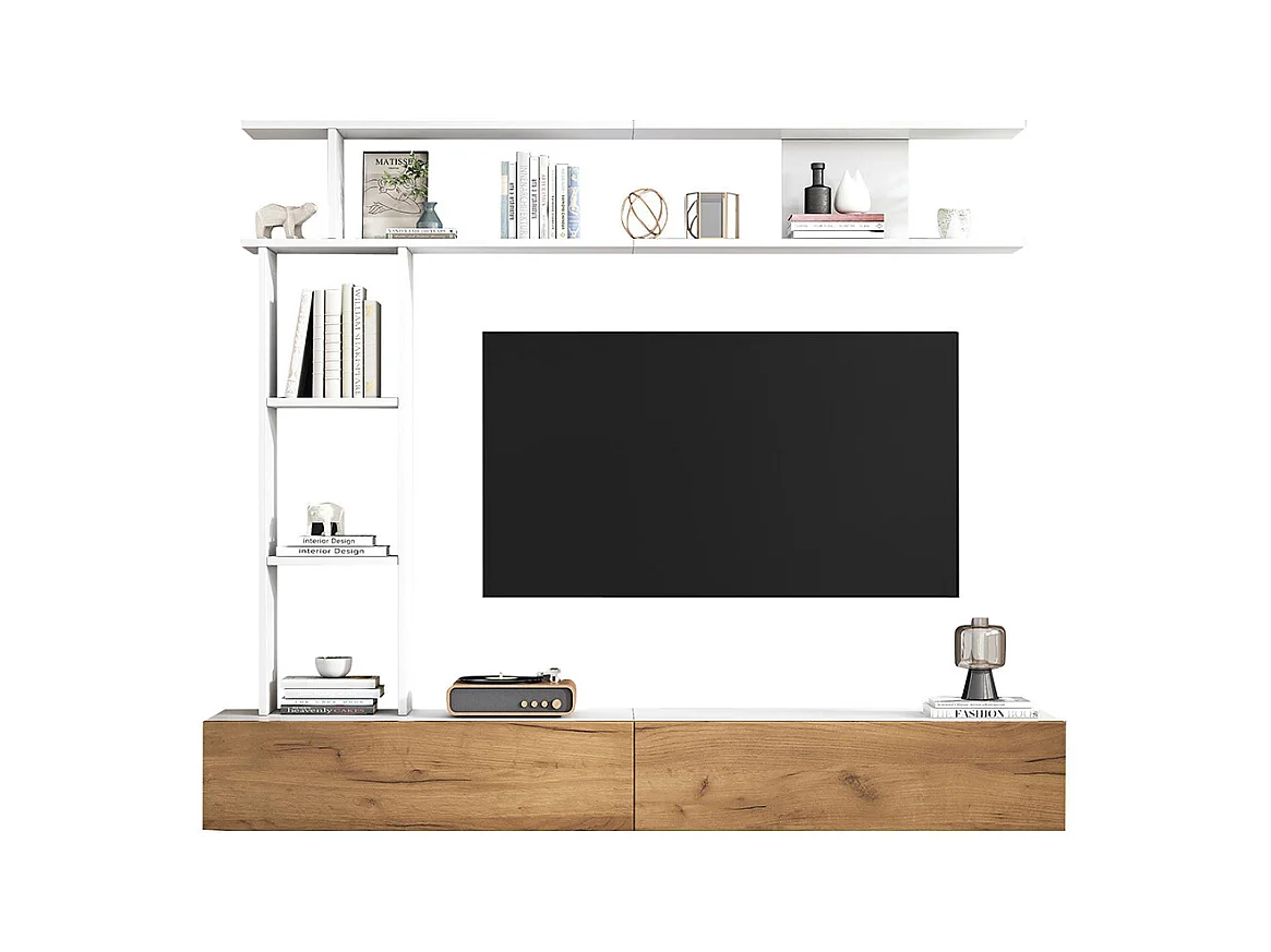 Ensemble meuble TV vitrines meuble multimédia TV étagère pose suspendu TV 80 pouces blanc bois salon