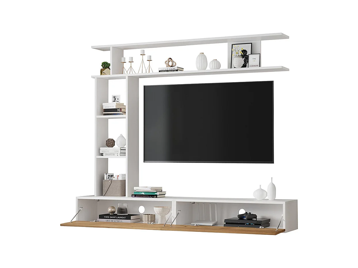 Ensemble meuble TV vitrines meuble multimédia TV étagère pose suspendu TV 80 pouces blanc bois salon